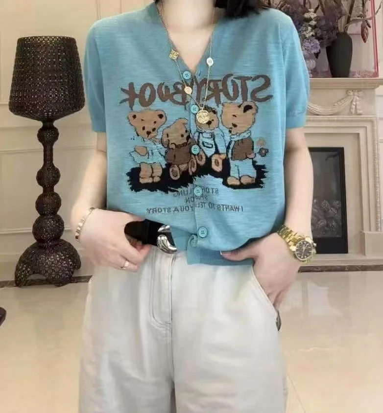 /小熊一家短袖版/夏季休闲时尚百搭开衫外套 衣长55 胸围53 95193