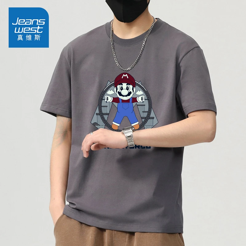 Jeanswest/真维斯男款休闲圆领短袖夏季薄款宽松百搭潮流印花T恤
