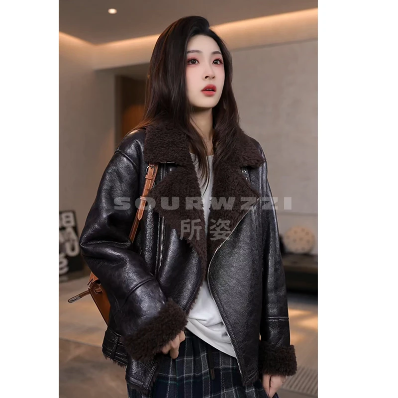 SOURWZZI/所姿100%羊毛机车风冬季休闲宽松女士羊毛外套SZ-25783