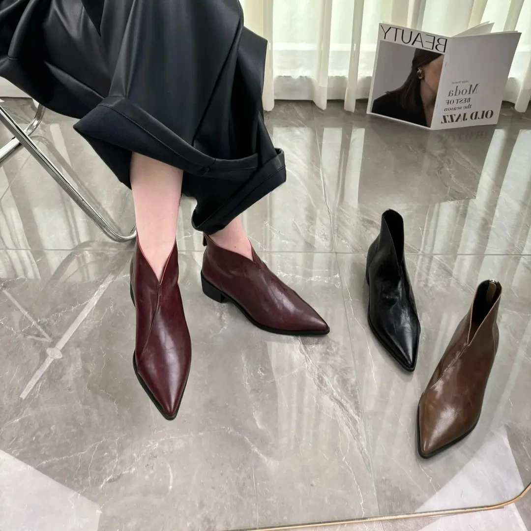 英伦风复古百搭春秋时尚单靴子女中跟尖头粗跟短靴及踝靴