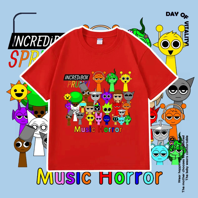 新款Sprunki音乐节奏盒子儿童T恤潮流男女童纯棉舒适透气短袖夏季