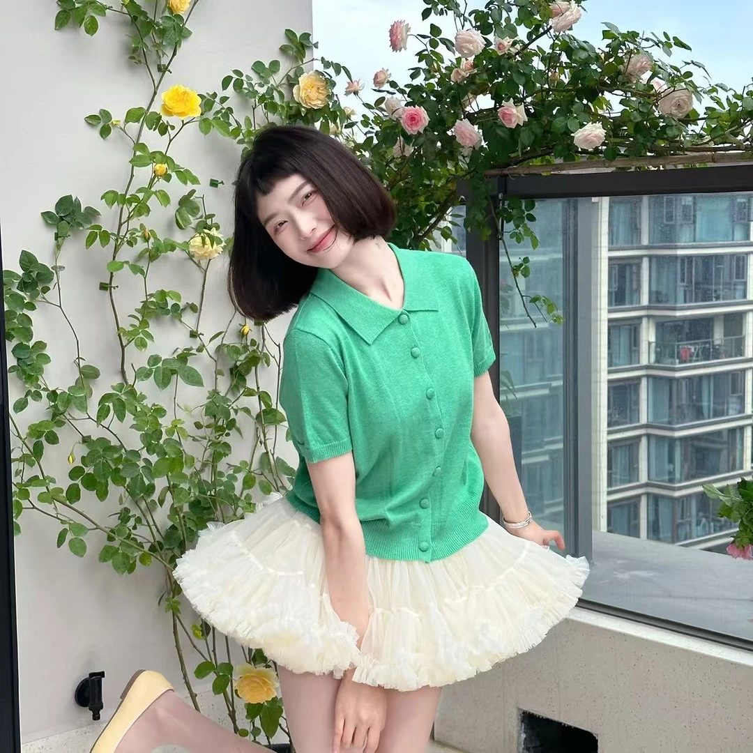 wyd小樱桃 【绿】娃娃领夏季针织上衣不会热