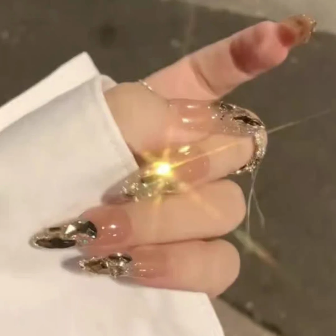 高级香槟钻手工穿戴甲爆闪闪钻美甲中长款显白温柔气质假指甲新娘