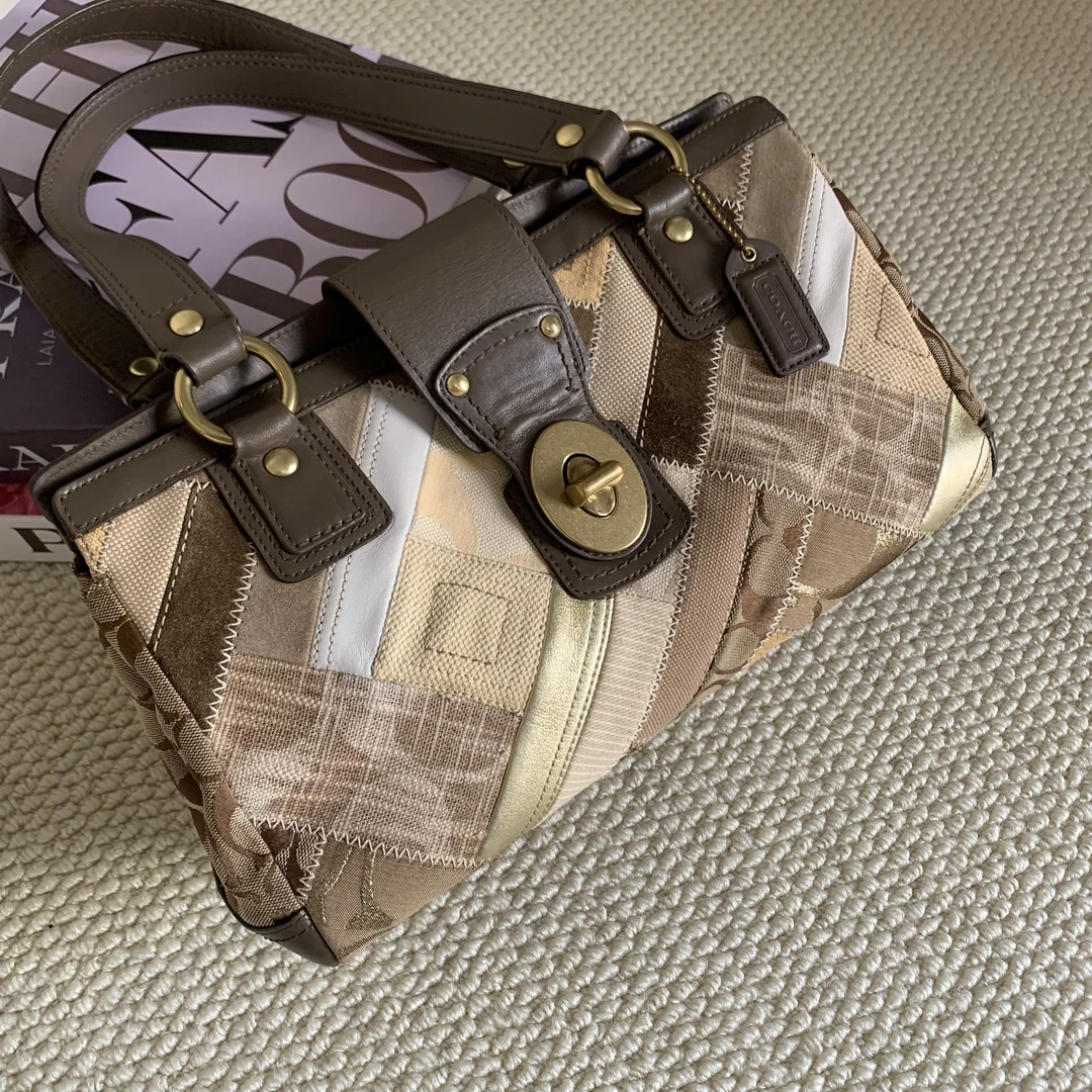 95新 COACH/蔻驰 经典时尚出街高稀珐琅拼接棕色手提单肩公文包