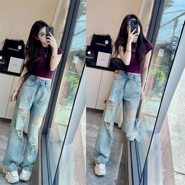 时尚套装短袖t恤女夏季破洞设计感高腰牛仔裤女直筒阔腿裤两件套