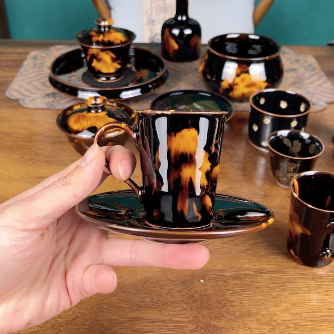 杯S****巧玳瑁釉咖啡杯主人杯杯托套组