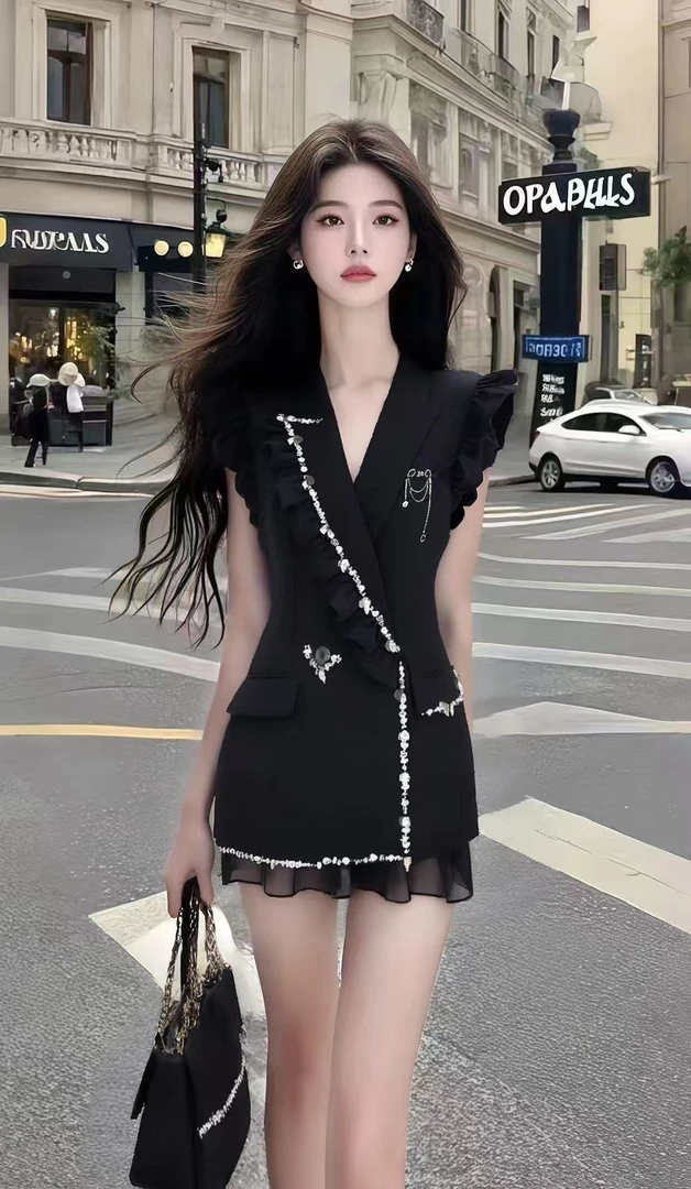 夏季上新轻奢通勤风黑色V领修身收腰包臀连衣裙时尚气质显瘦女装