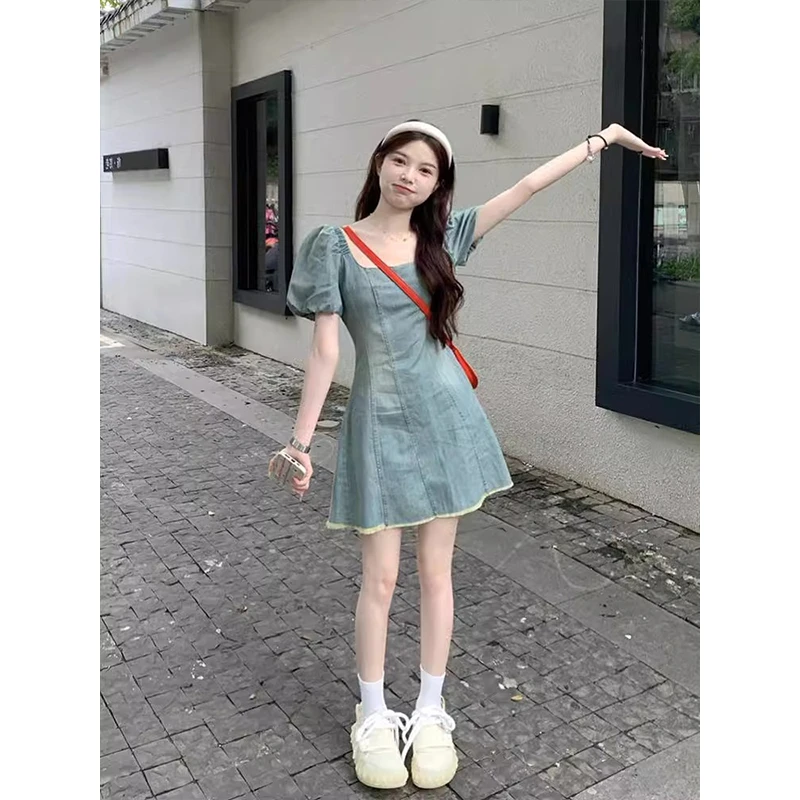 2025夏季新款做旧泡泡袖设计感牛仔连衣裙韩版复古收腰百搭A字裙