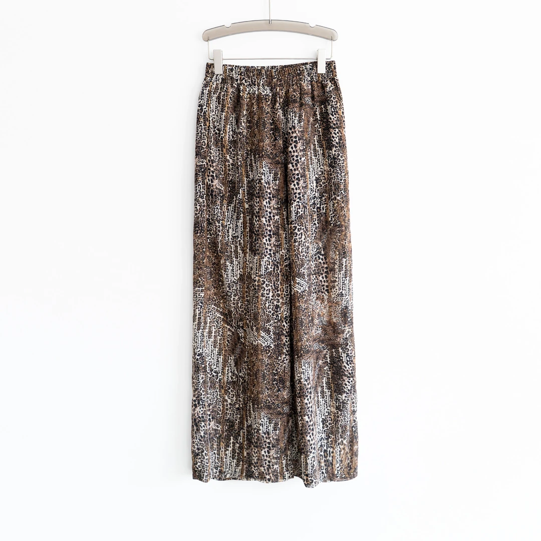 PK250413新款气质舒适时尚裤子松紧腰阔腿裤乔其纱印花百搭休闲