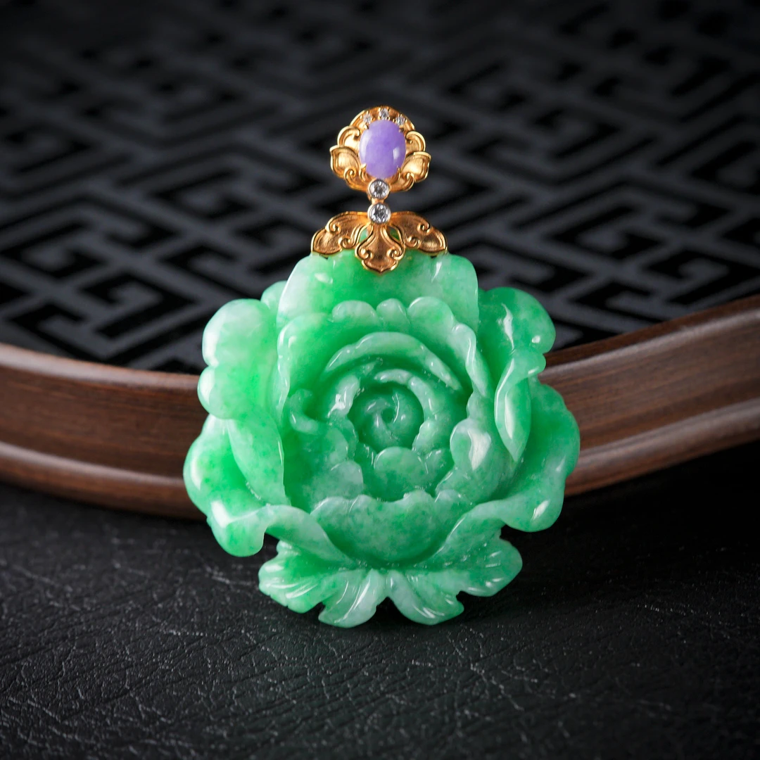 【诗蓉】后庭花·稀缺翡翠老料18K金花朵吊坠AD3064尺寸约52*49*11