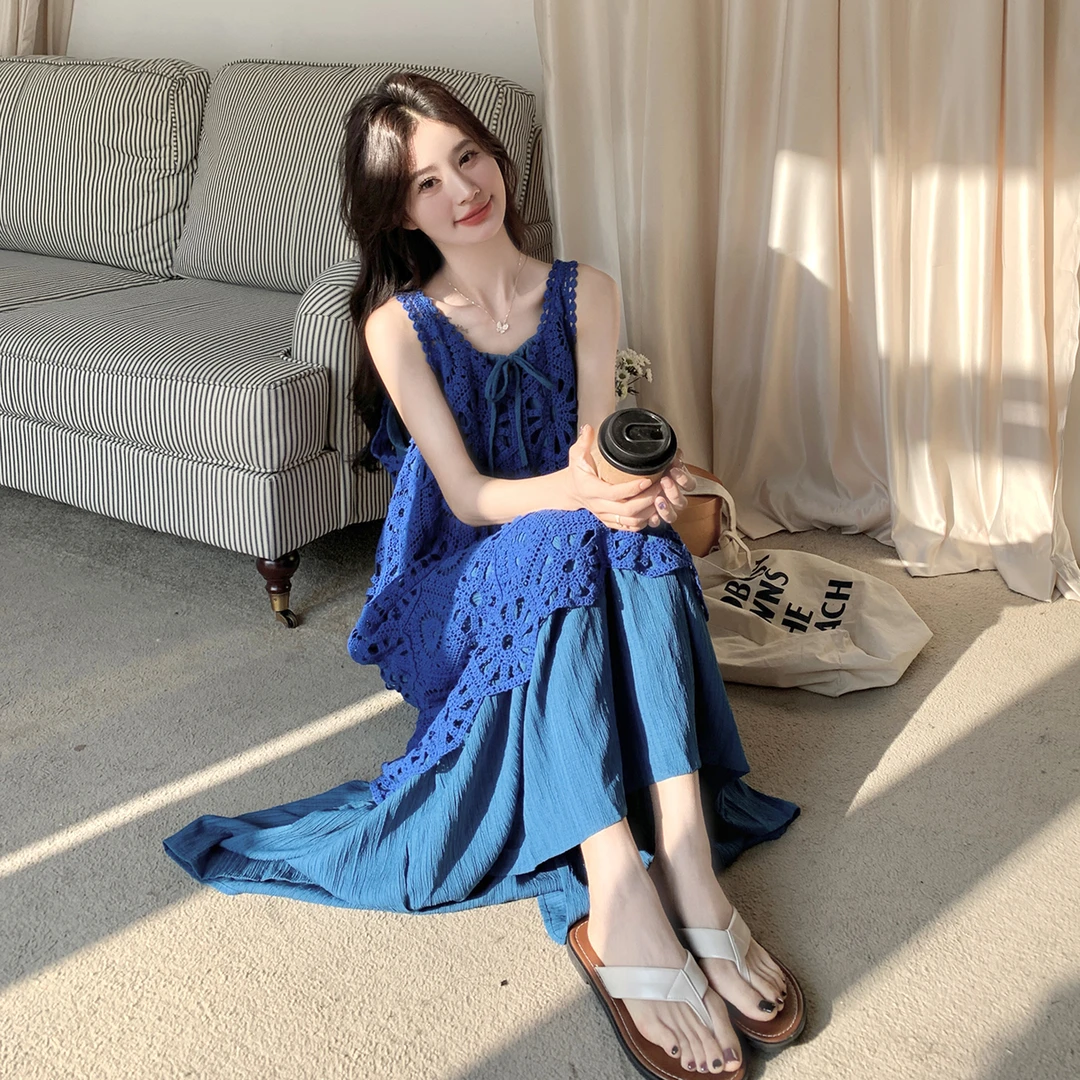 蓝色温柔穿搭镂空罩衫度假吊带长裙新款森系绝美两件套连衣裙女夏