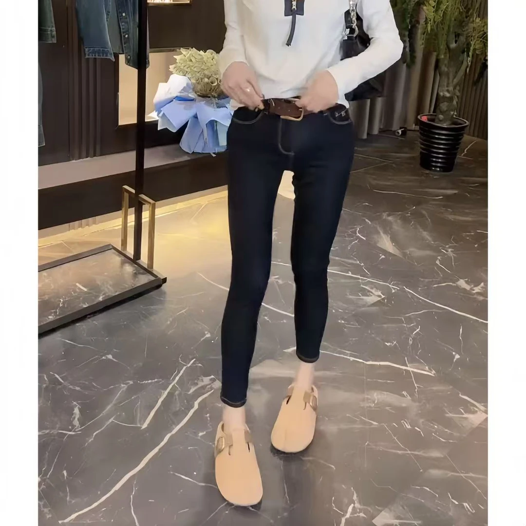唐芯媛微胖大码高腰小脚烟管裤女早秋新款时尚显瘦九分弹力牛仔裤