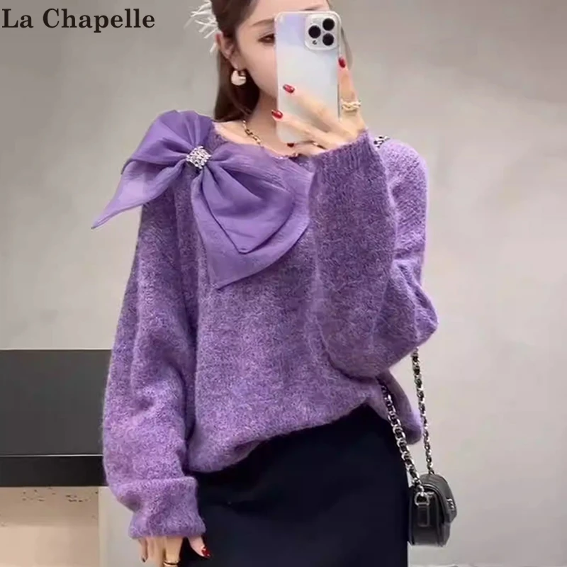 拉夏贝尔紫色毛衣女2025秋冬蝴蝶结小众巨好看软糯松弛感针织衫