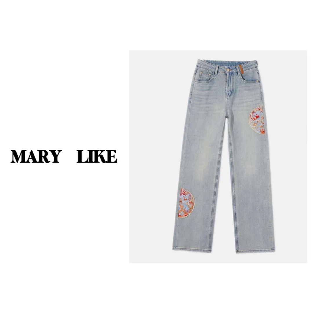 【MARRY】618轻奢时尚设计师国风中式重工刺绣休闲复古直筒牛仔裤