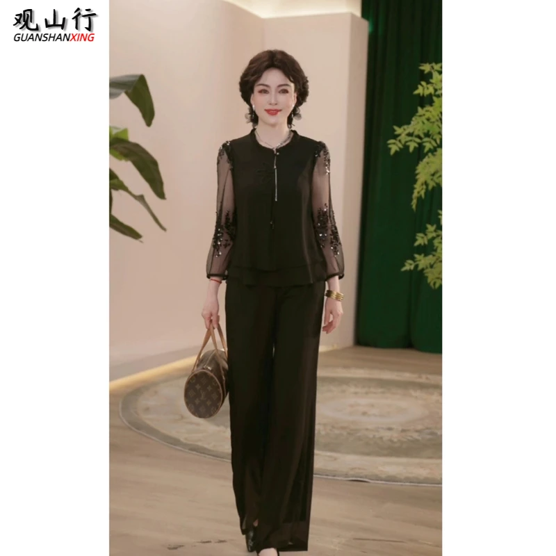 2025新款春夏妈妈装薄款时尚套装气质衬衣女装洋气减龄T恤两件套