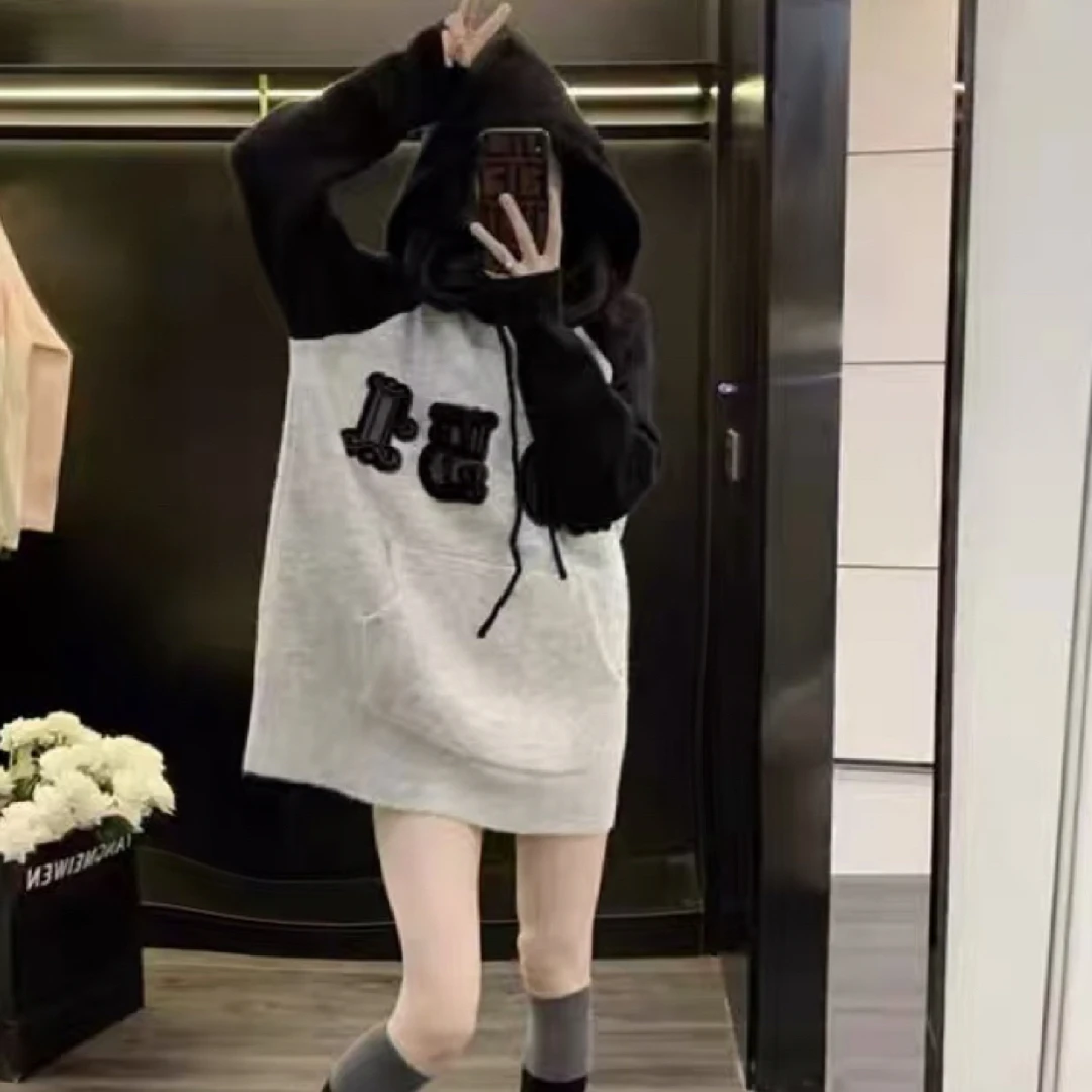 1830美式大码复古撞色插肩袖连帽卫衣女秋冬加绒加厚卫衣潮