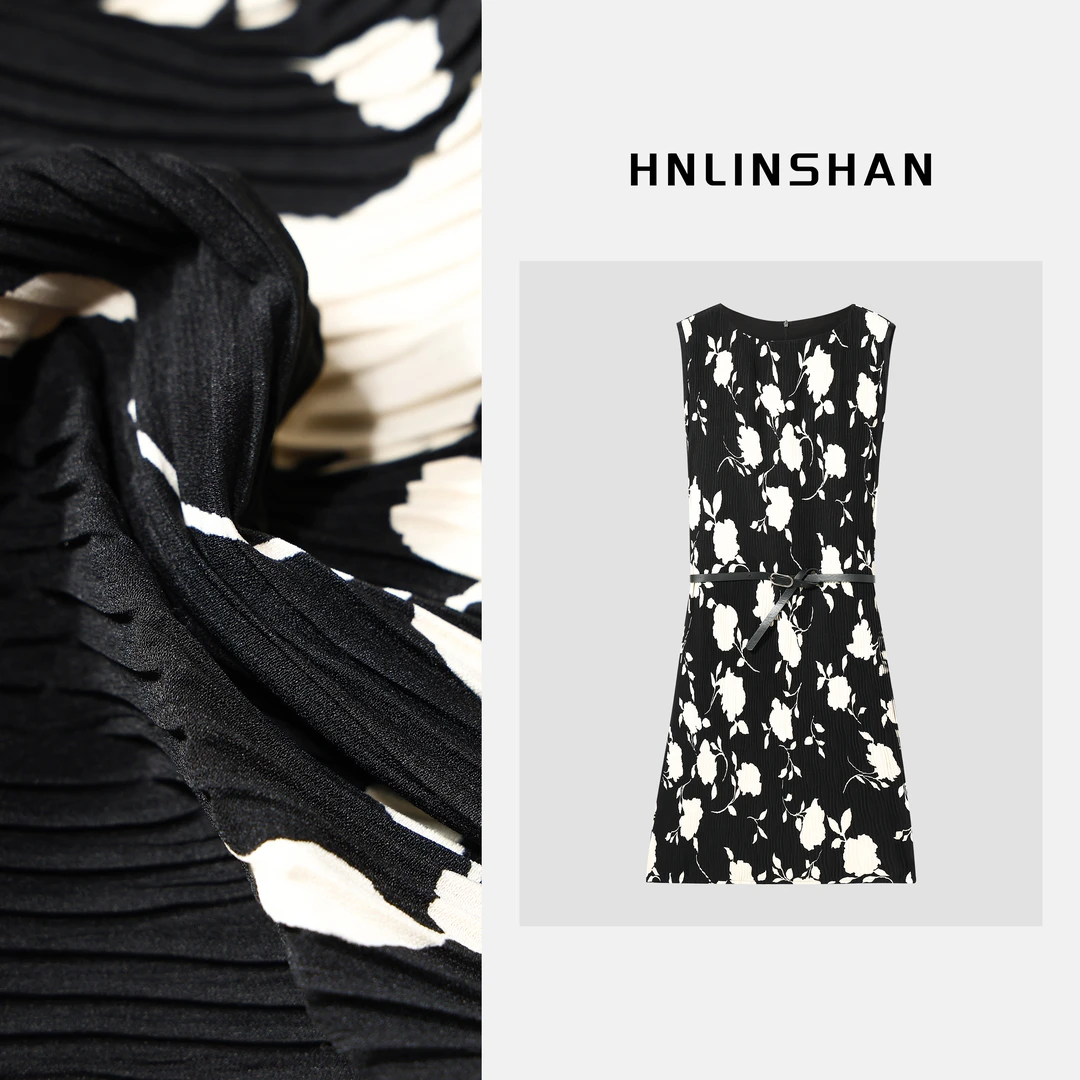 HNLINSHAN【嫣卉】优雅黑白印花压褶连衣裙BXQ2037