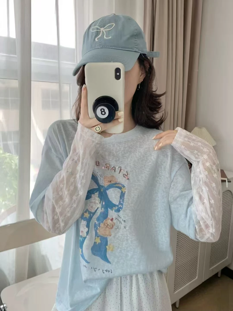 JIEJIE-【蝴蝶结蕾丝防晒短袖】韩系圆领简约假两件圆领短袖