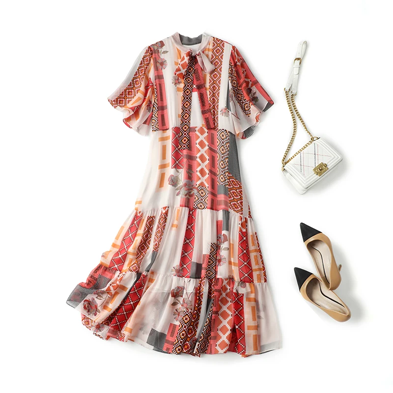 【墨枝】显瘦v领通勤桑蚕丝连衣裙D9008042