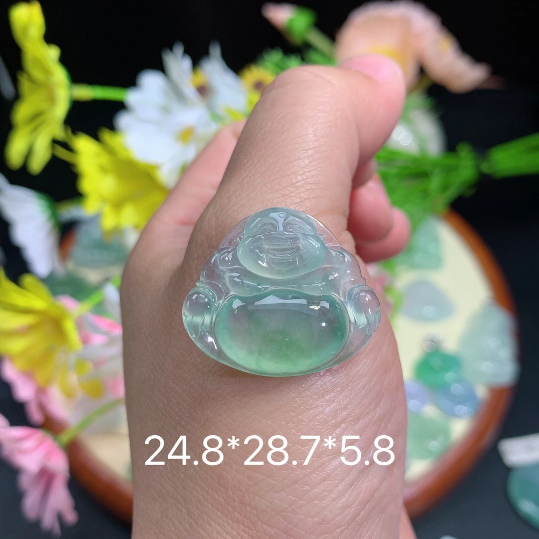 缅甸翡翠A货冰种阳绿佛公刘挂件水润百搭精冰妈妈精玉石绿色冰透