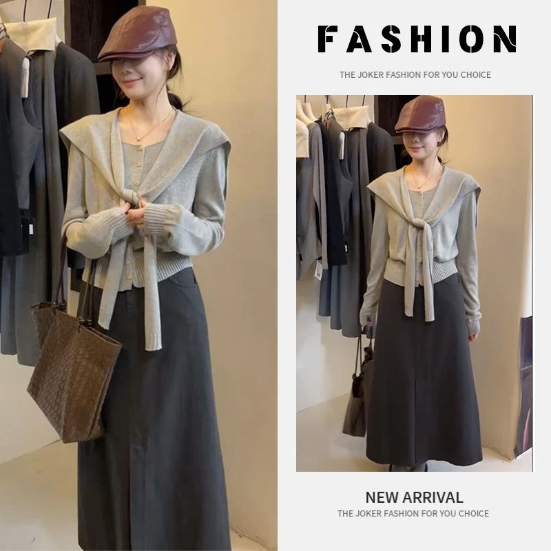 春季套装2025新款大码女装洋气减龄针织披肩开衫百搭半身裙三件套