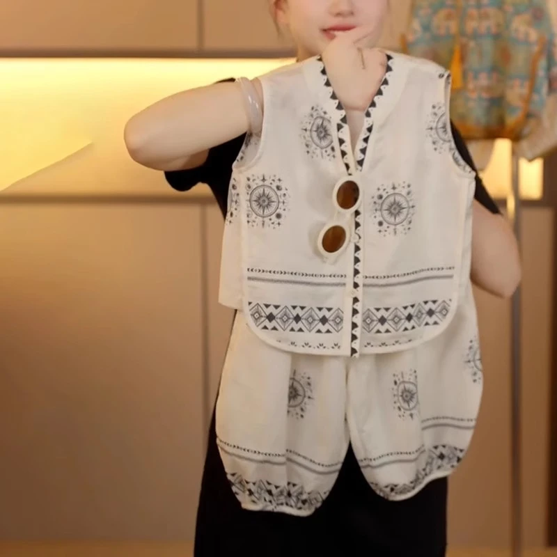米白色小香风夏季新款儿童男童女童时尚背心套装百搭外穿两件套装
