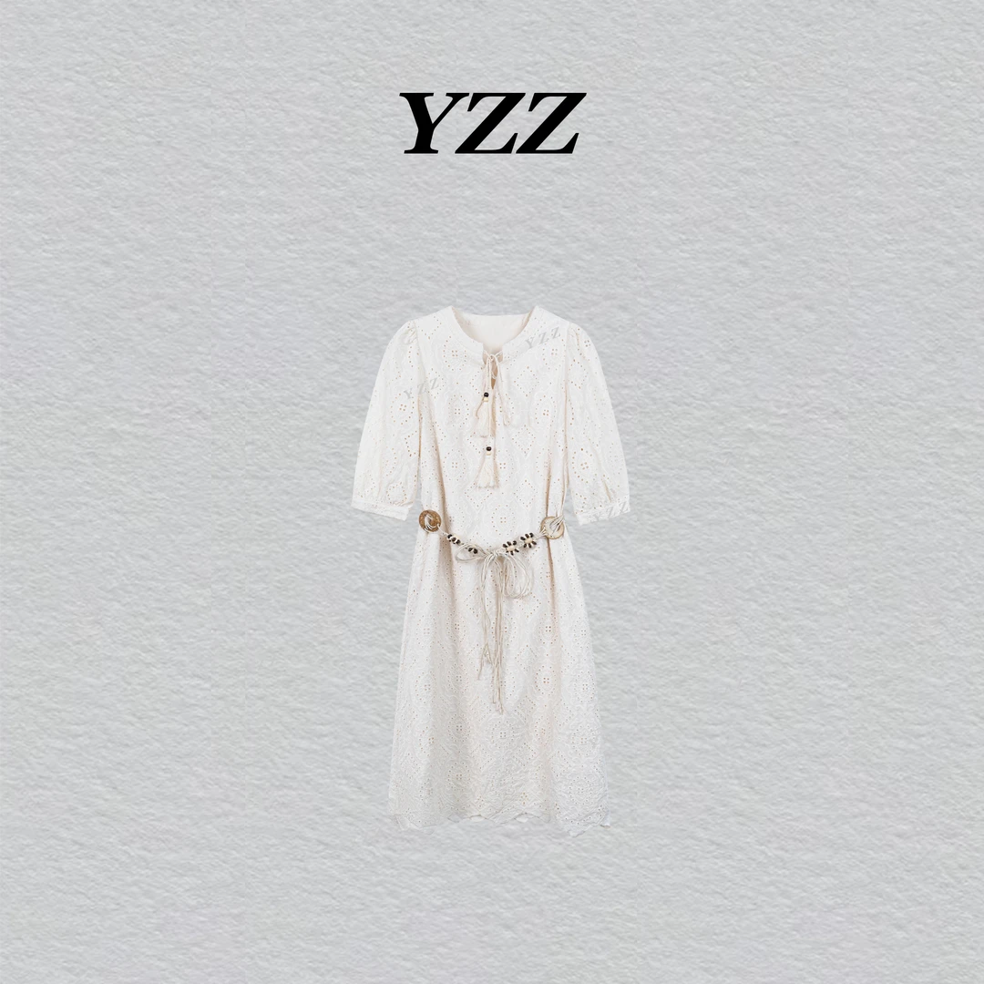 YZZ 复古气质圆领交叉系绳高腰镂空半袖连衣裙女 2138573