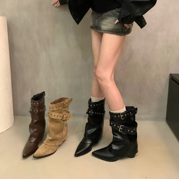 辣妹裤管短靴女粗跟美拉德中筒靴气质尖头显瘦骑士马丁靴2025新款