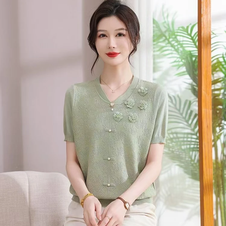 妈妈装夏装短袖T恤衫2025新款洋气小衫中老年薄款V领女装上衣8996