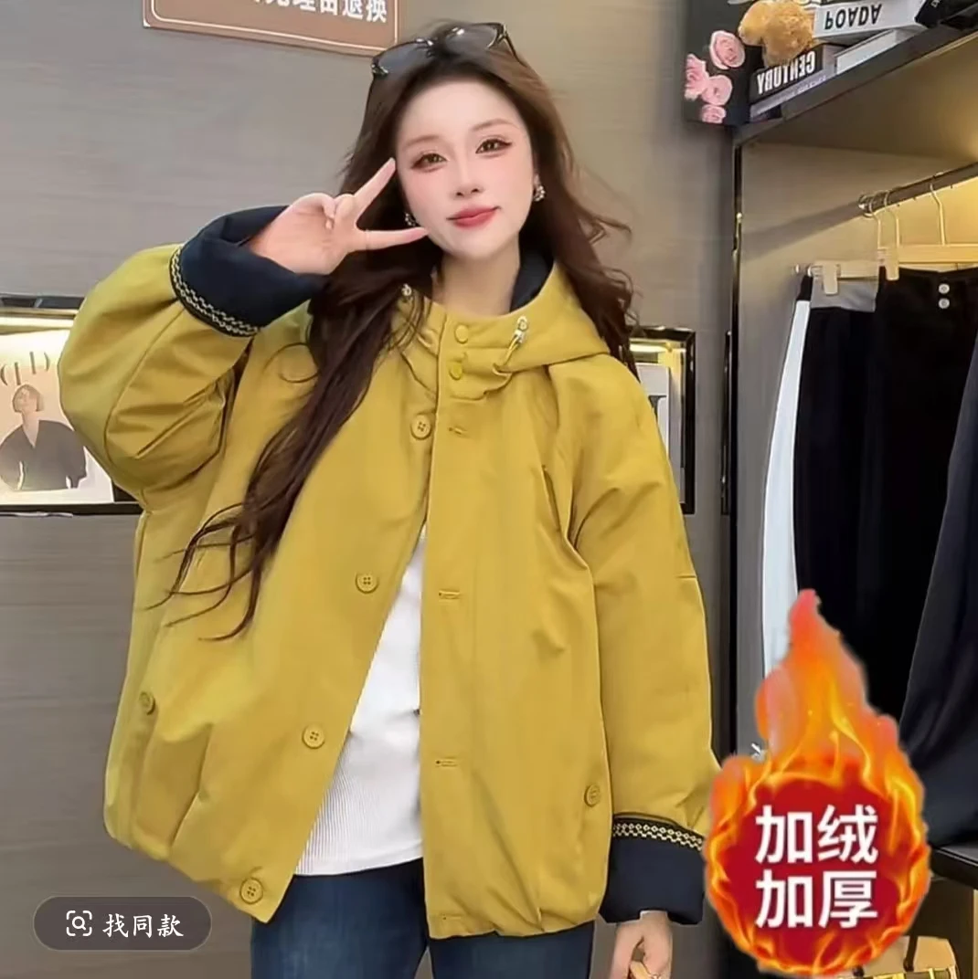 加棉加绒冬季宽松韩版连帽加厚派克服外套8056