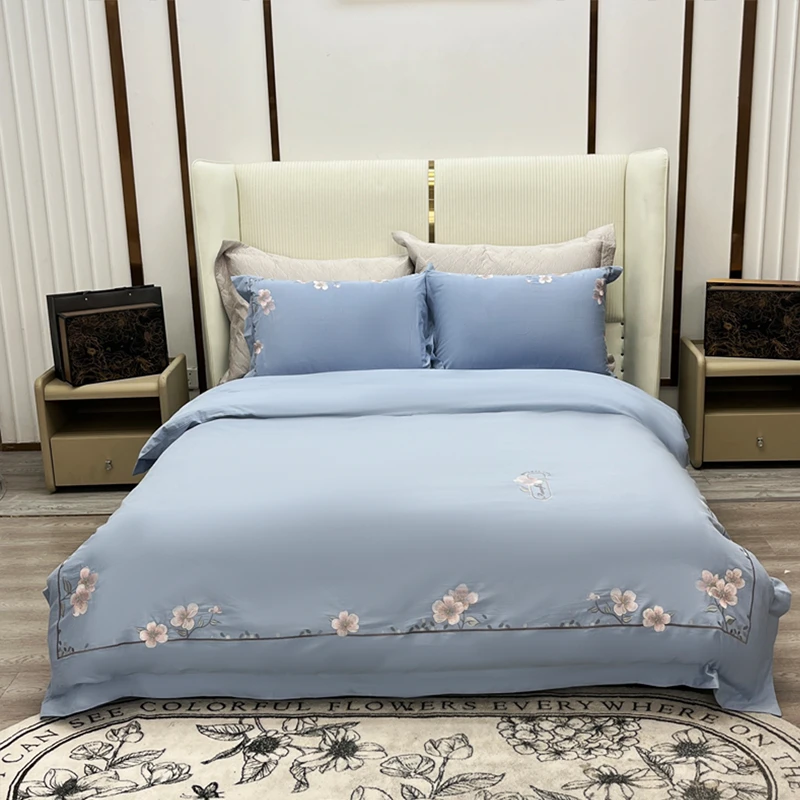 全棉磨毛刺绣轻奢宽边四件套-绮梦-云水蓝