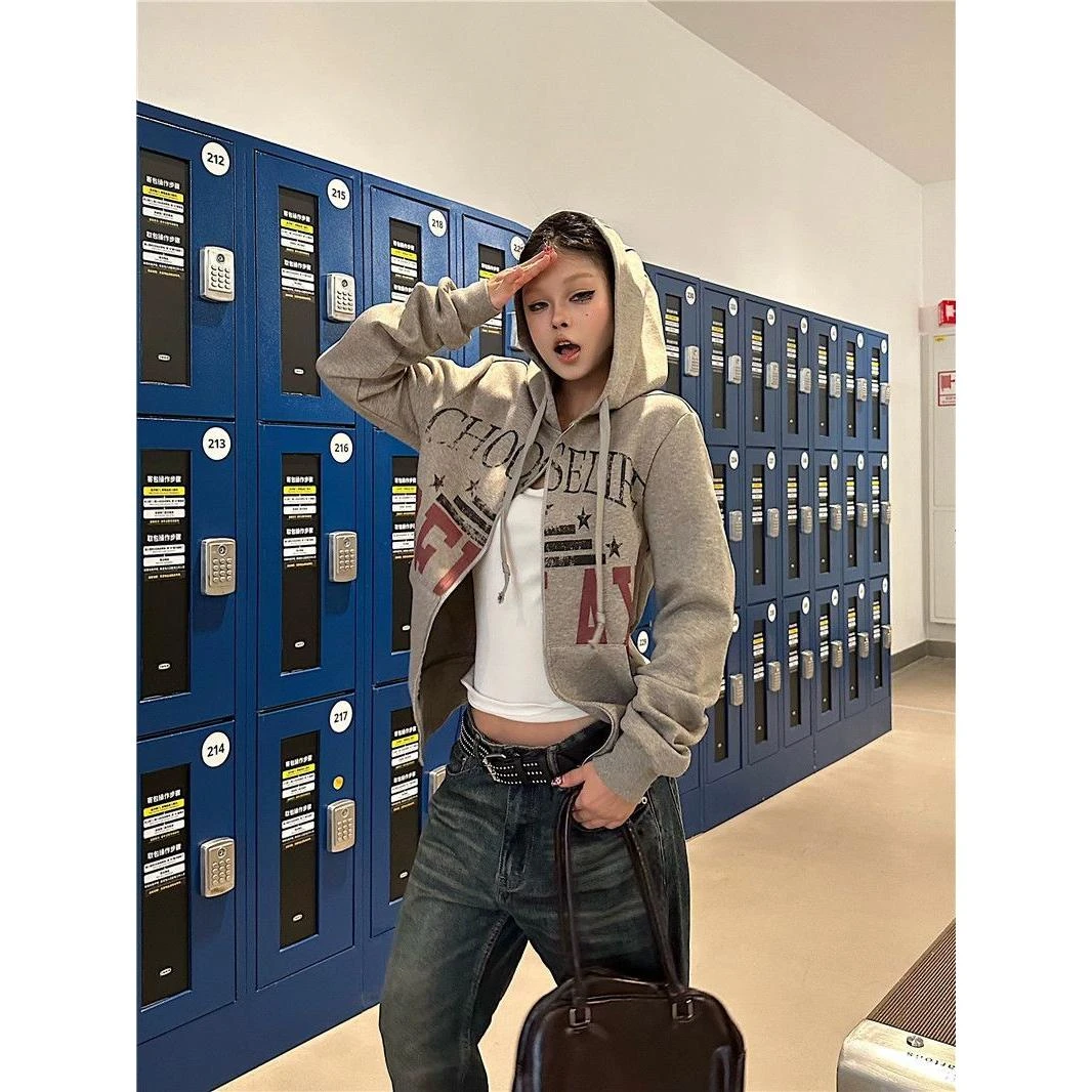 美式街头卫衣开衫女秋冬加绒做旧灰色连帽外套修身显瘦辣妹上衣