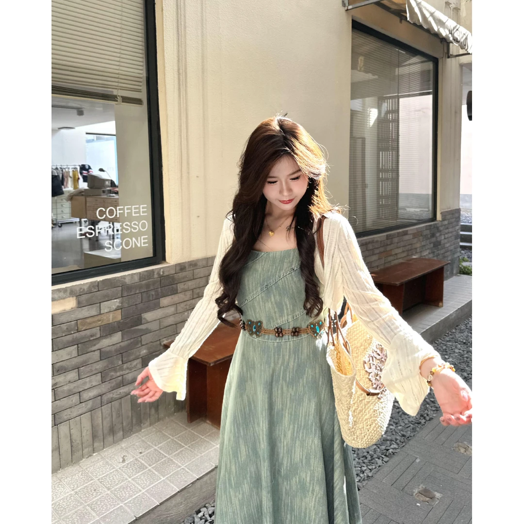 李潇洒【Cheese】微胖大码夏季百搭杏色竖条纹喇叭袖短款针织开衫