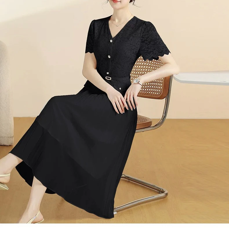 夏季褶皱蕾丝拼接气质赫本风连衣裙A13144（赠腰带）