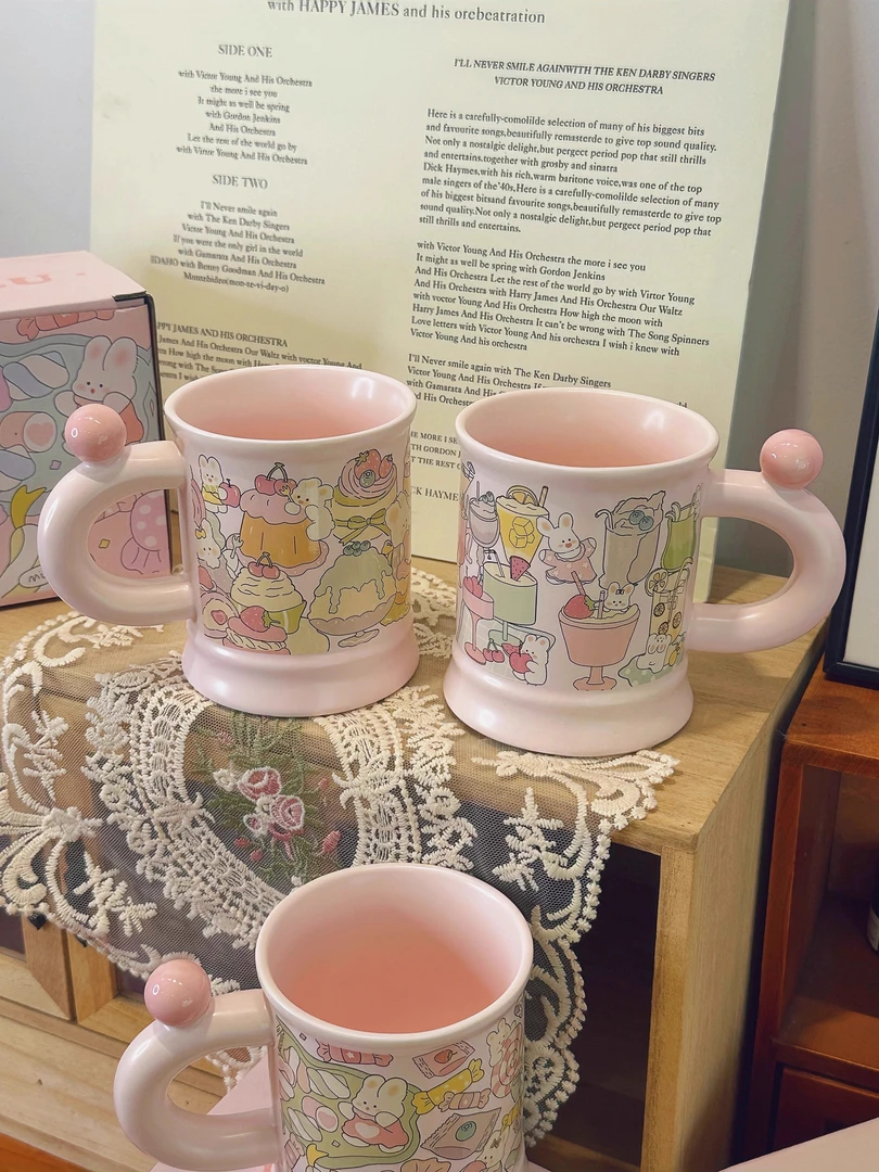 见物如面可爱茶杯陶瓷马克杯带把手咖啡杯情侣水杯家用办公室杯子