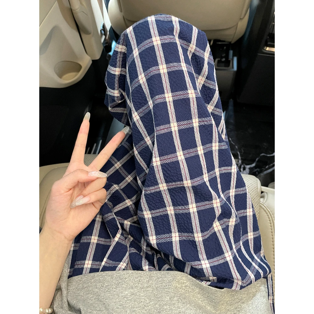 复古蓝色格子裤2025夏季薄款女高腰垂落感直筒遛弯慵懒冰丝阔