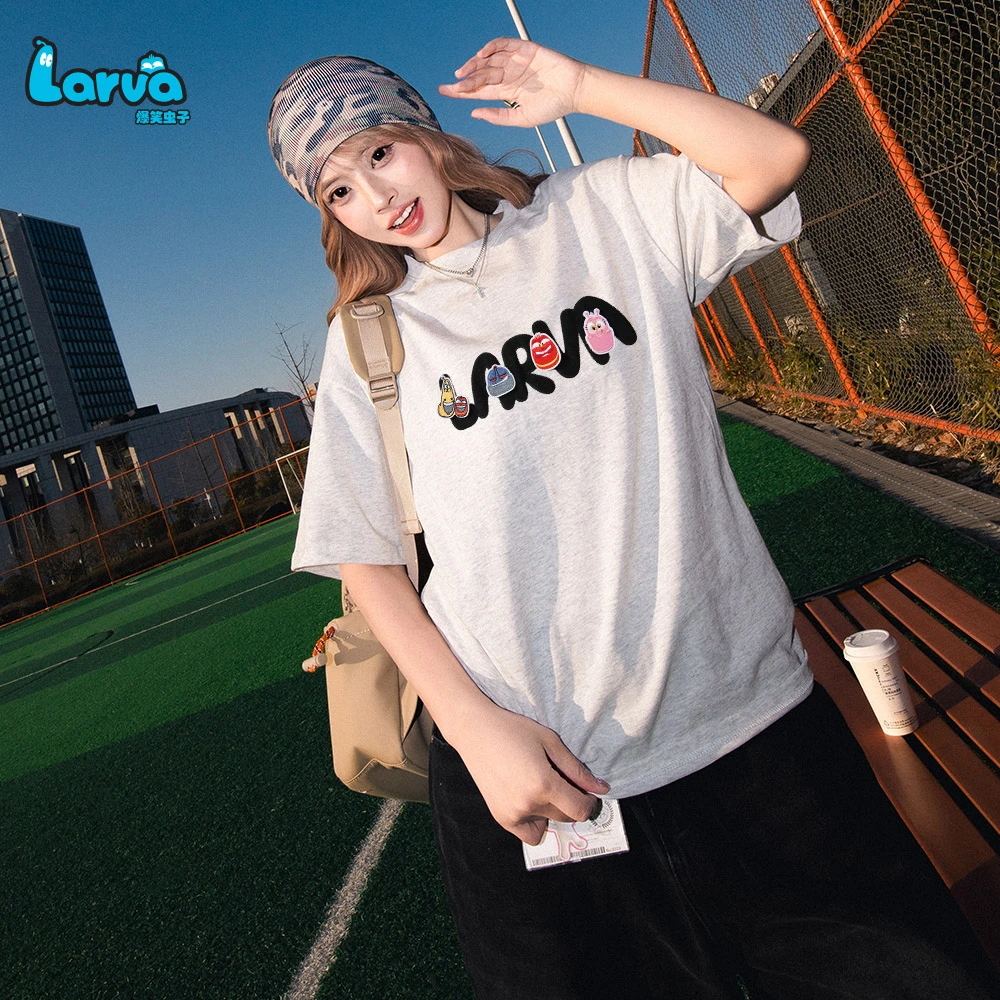 LARVA/爆笑虫子纯棉重磅刺绣DIY魔术贴夏季半袖男女款宽松短袖T恤