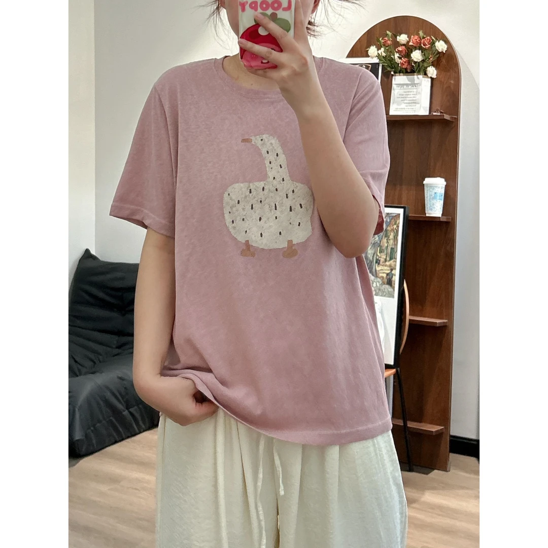 【咔咔】呆呆鸭-雪花棉宽松夏季圆领印花T恤简约百搭上衣K0248