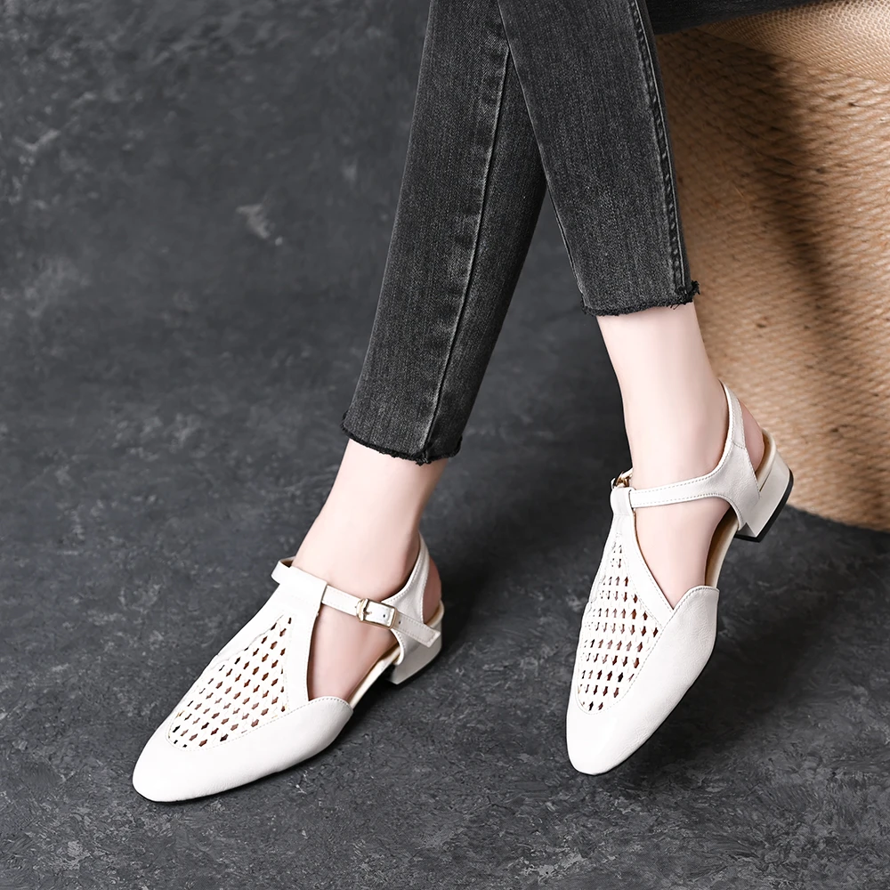 夏季新款方头编织镂空包头凉鞋女法式复古粗跟一字带粗跟通勤单鞋