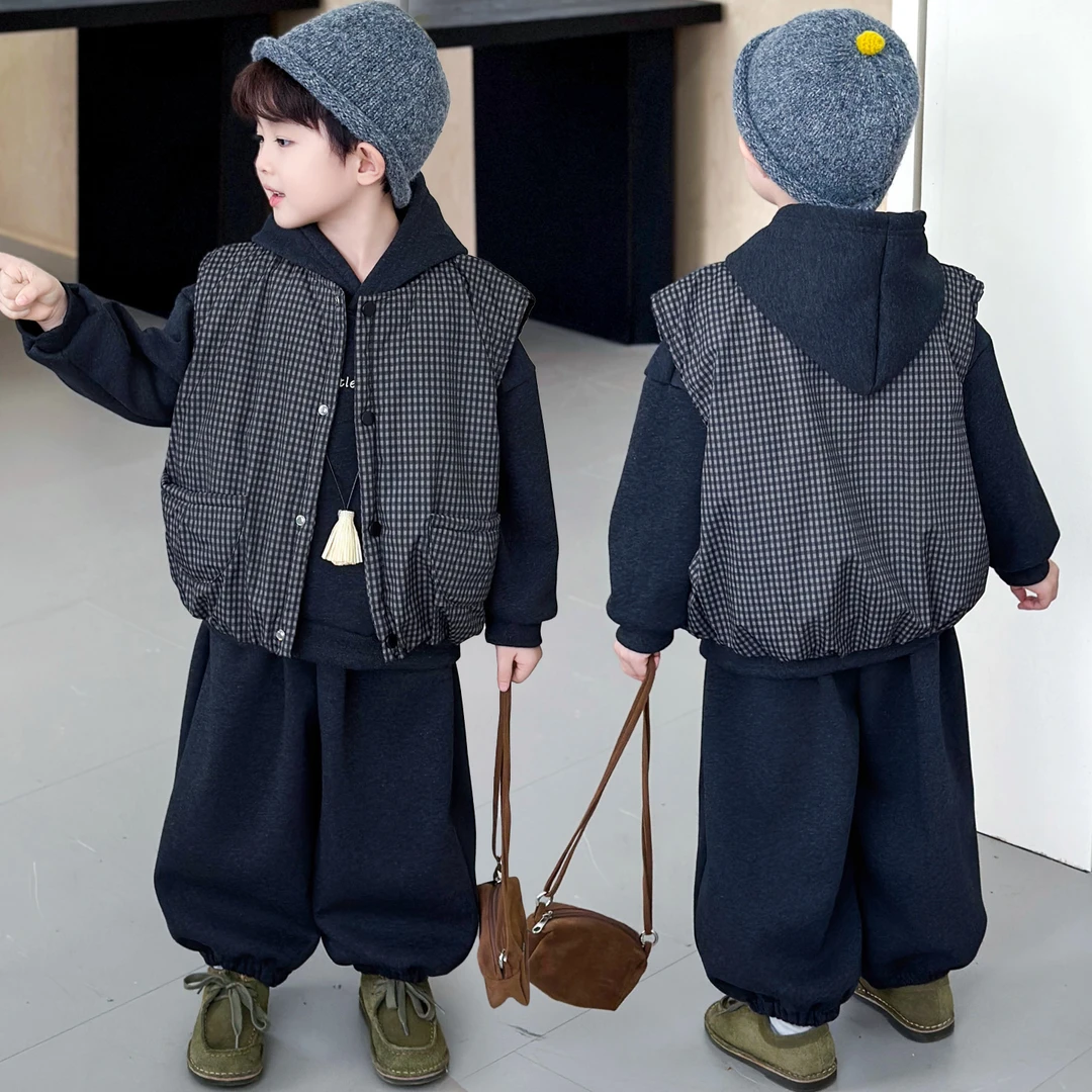 男童冬季套装大牌新款儿童加绒加厚冬装宝宝时髦韩版马甲三件套潮
