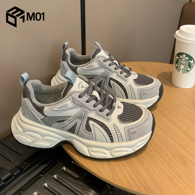 M01时尚加绒老爹鞋女2025秋冬厚底轻便超火百搭显脚小休闲运动鞋