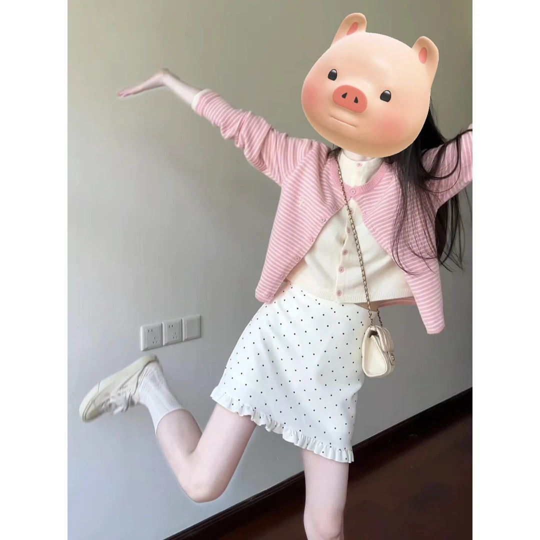 韩系甜美粉色条纹假两件针织开衫女2025秋季显瘦波点半身裙两件套