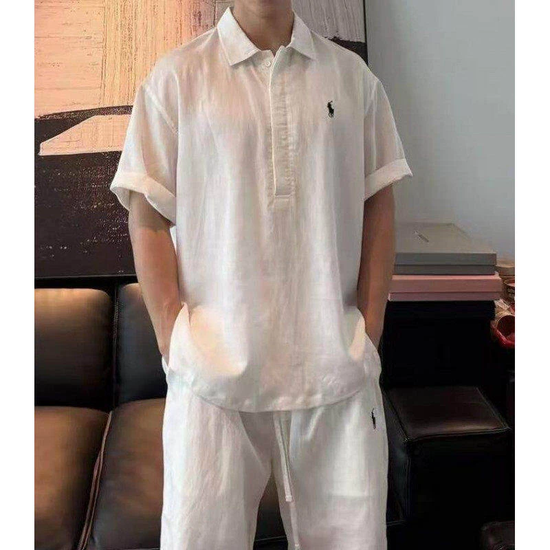 老钱风亚麻休闲套装男款夏季小马POLO衫短袖短裤高级感搭配一