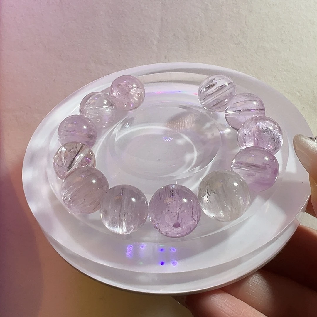 晚***姐锂辉石手串未镶嵌14咪冰透拉丝猫眼紫锂辉收藏级别