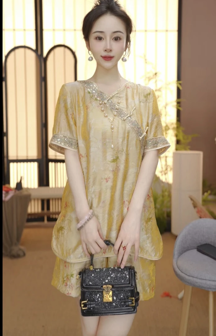 新中式2025夏季气质百搭提花立领短袖上衣裤子女180