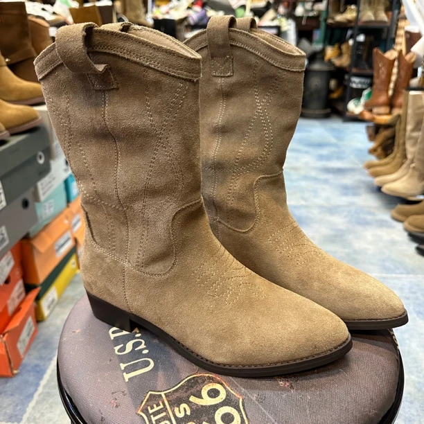 福利款女款短靴单靴真皮尖头西部靴百搭款显瘦时尚