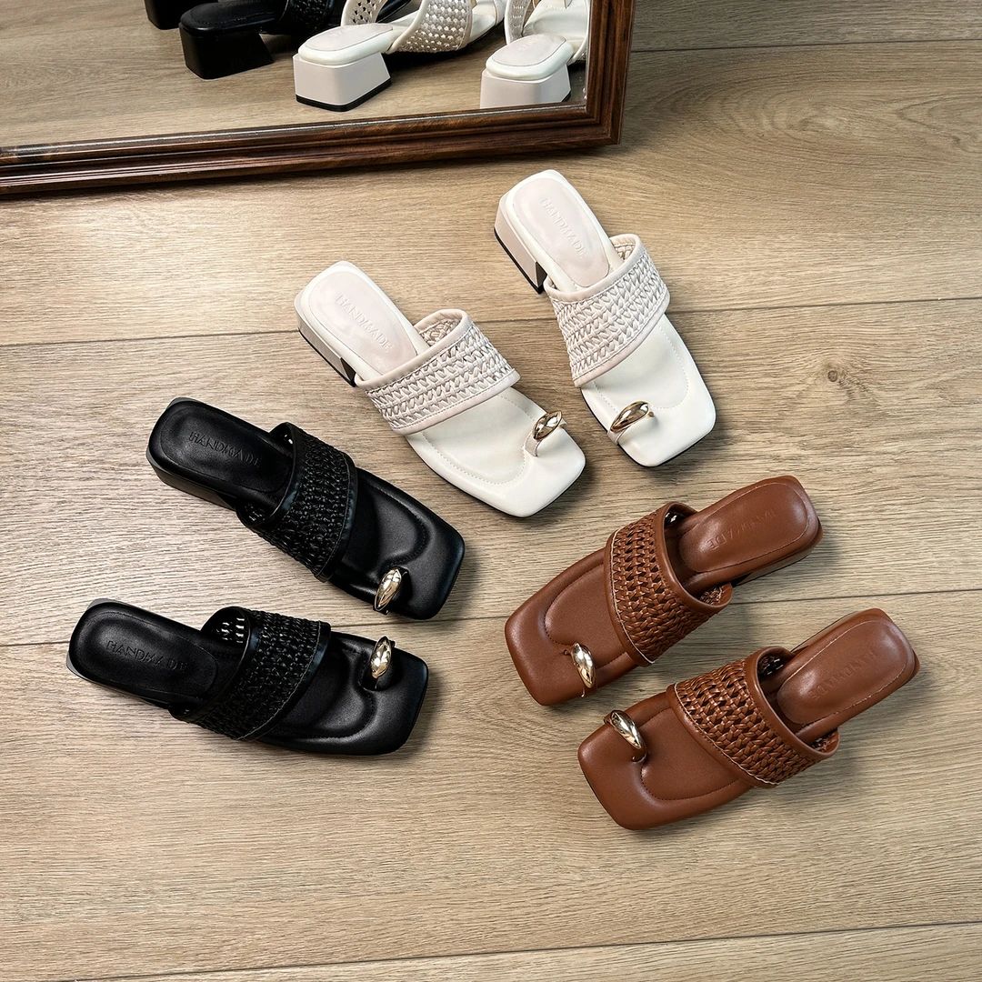 3cm/ED2151编织法式夹趾凉拖鞋女夏季时尚网红外穿粗跟方头半拖鞋