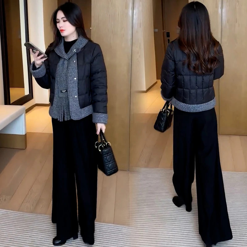 时尚拼接袖棉服女2025冬季新款洋气显瘦小个子装保暖围巾棉袄外套