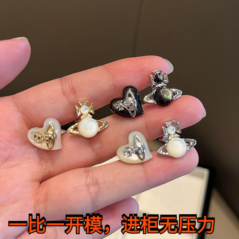 非金属贝壳耳饰 西太后不对称爱心土星耳钉天然白贝果冻星球AB款