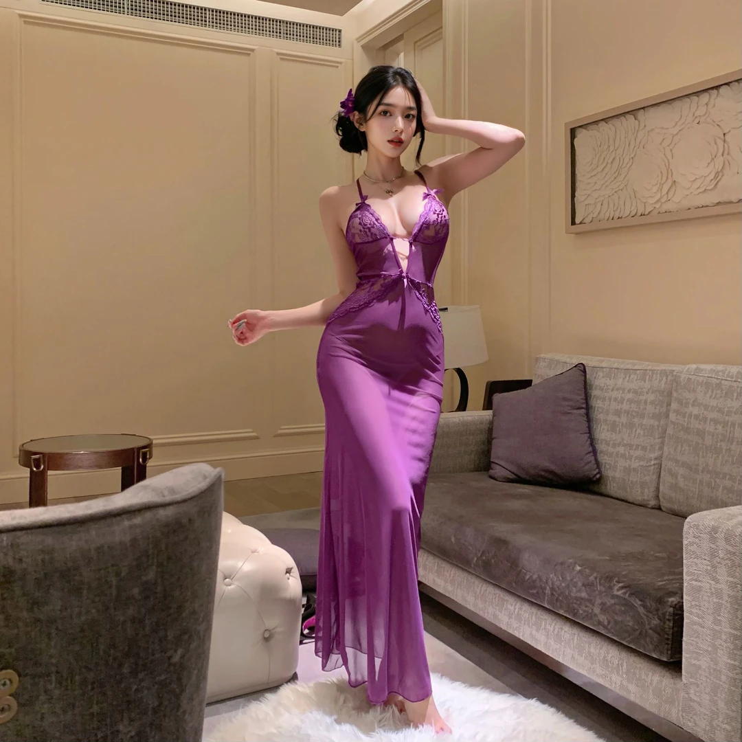唯美鱼尾性感长裙纯欲风网纱吊带睡裙紫色长款家居服气质显瘦修身